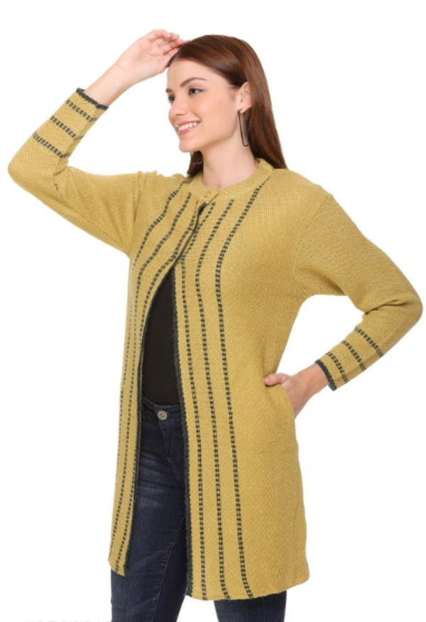 CLAPTON Women Round Neck  Yellow Full Sleeve  With Pocket Wool Cardigan (Outer Long) - XL, Yellow, Wool, Pack of1